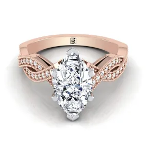 14K Rose Gold Marquise  Antique Twisted Open Beaded Diamond Halo Engagement Ring -1/5ctw