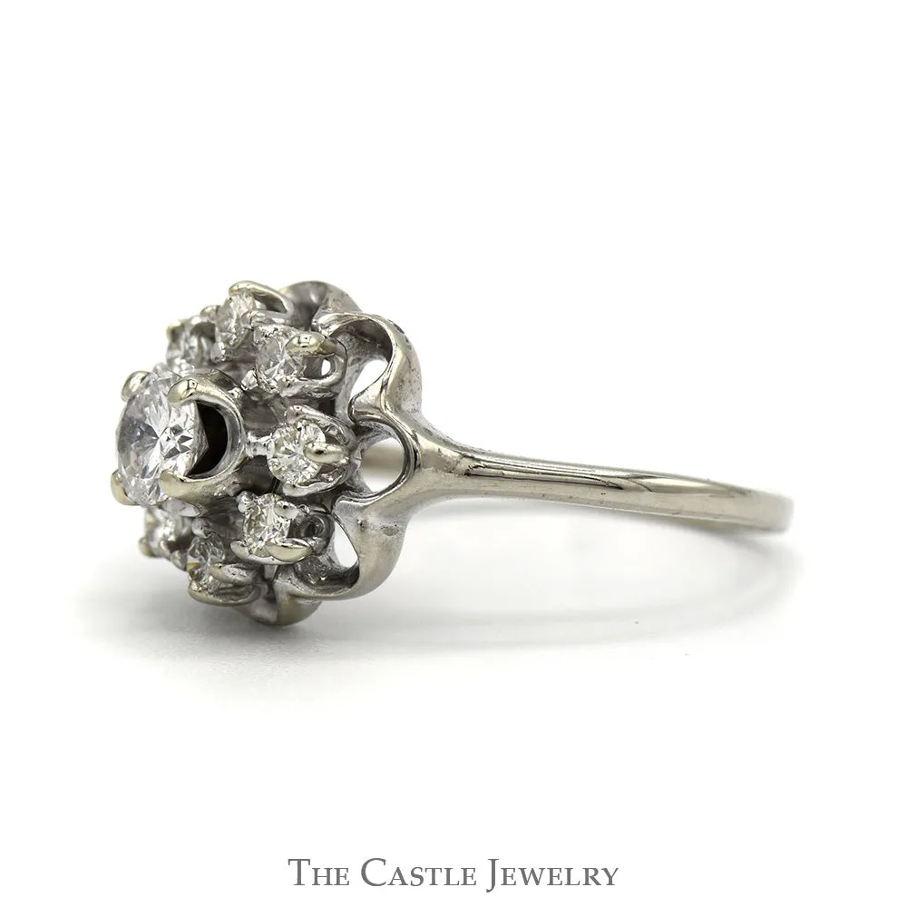 1cttw 9 Diamond Flower Cluster Ring in 14k White Gold Scalloped Mounting