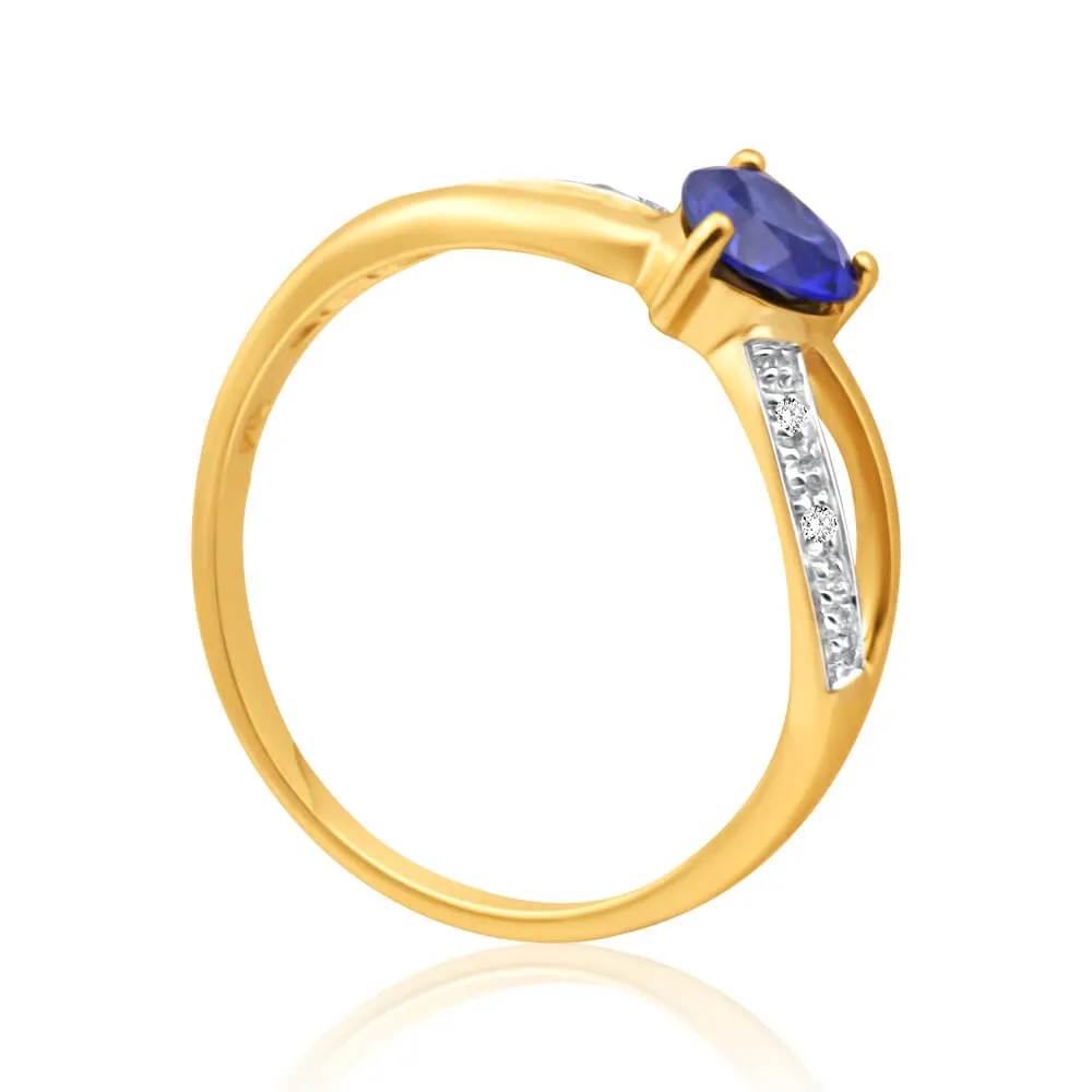 9ct Charming Yellow Gold Created Sapphire   Diamond Ring