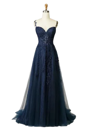 A Line Thin Shoulder Strap Open Back Navy Blue Applique Prom Dress