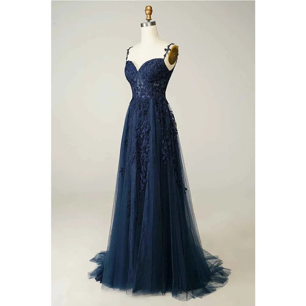 A Line Thin Shoulder Strap Open Back Navy Blue Applique Prom Dress