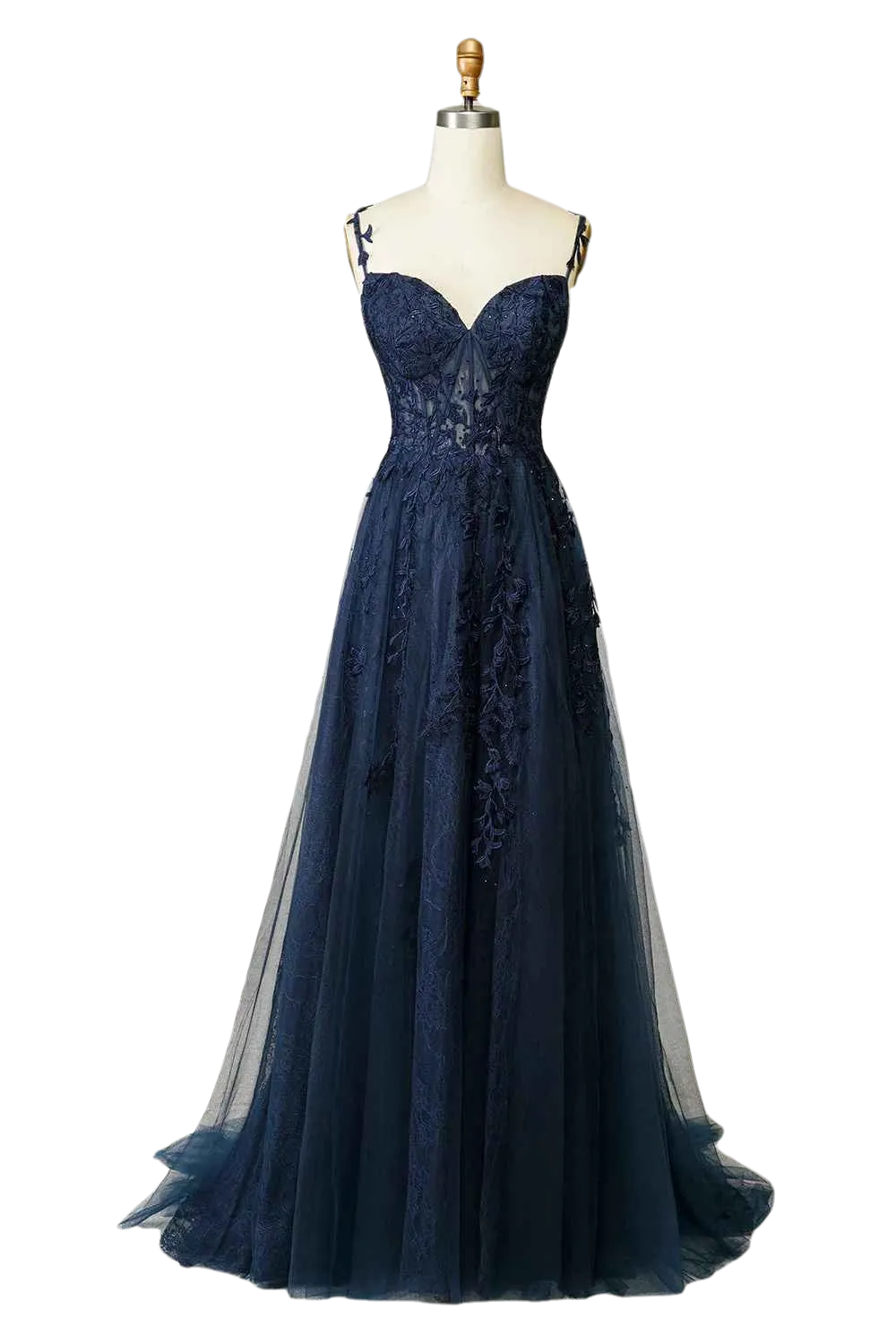 A Line Thin Shoulder Strap Open Back Navy Blue Applique Prom Dress