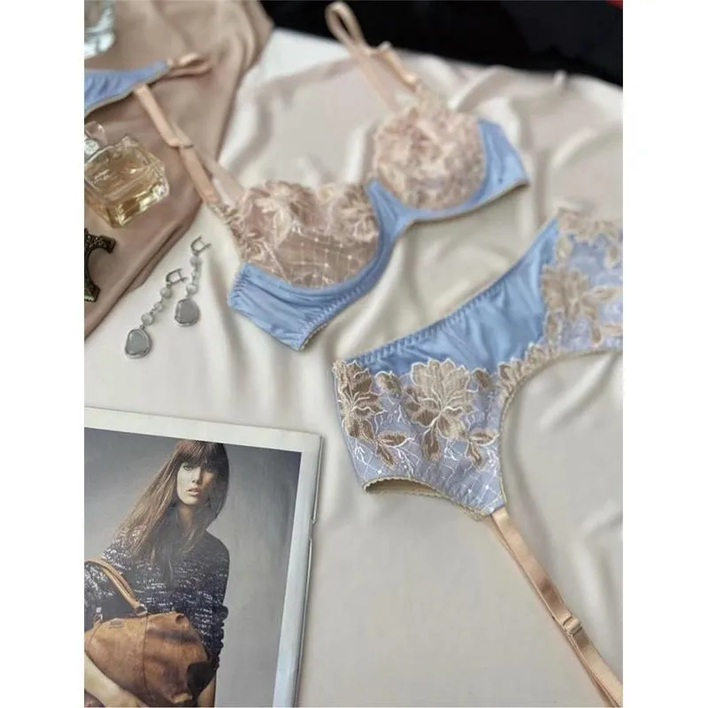 Aduloty Women's Sexy Lingerie Summer Thin Bra Set Delicate Lace Stitching Flower Embroidery Mesh Perspective Erotic Underwear