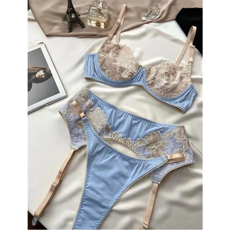 Aduloty Women's Sexy Lingerie Summer Thin Bra Set Delicate Lace Stitching Flower Embroidery Mesh Perspective Erotic Underwear