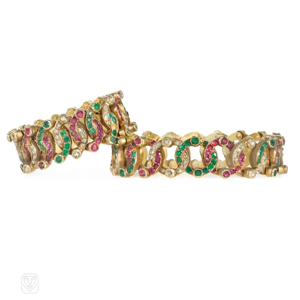 Antique expandable multi-gem gold bracelets