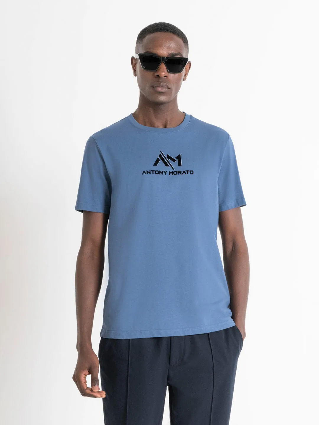 Antony Morato Men Blue Solid Round Neck Short Sleeves T-Shirt