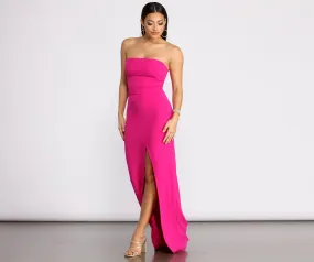 April Front Slit Charming Strapless Crepe Dress