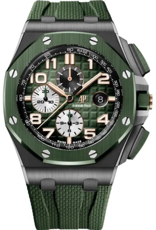 Audemars Piguet Royal Oak Offshore Selfwinding Chronograph / Stainless Steel/ Green Strap/ Green Dial / White Sub-Dials/ Green Ceramic Bezel (Ref#26405CE.OO.A056CA.01)