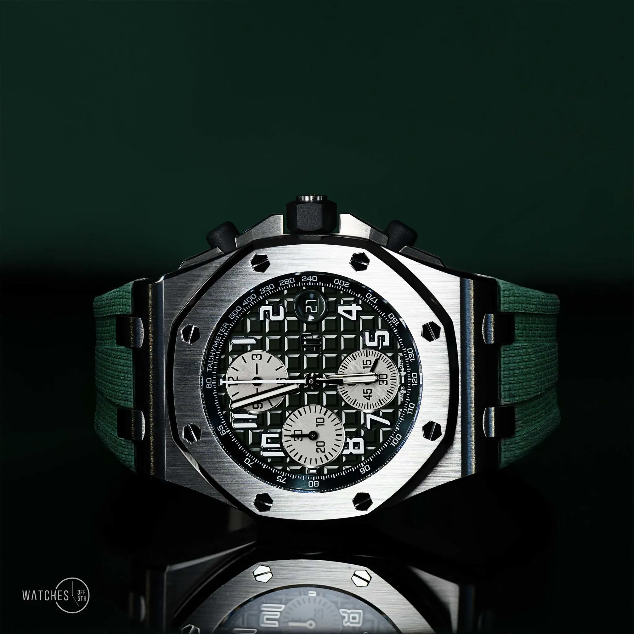 Audemars Piguet Royal Oak Offshore Selfwinding Chronograph / Stainless Steel/ Green Strap/ Green Dial / White Sub-Dials/ Green Ceramic Bezel (Ref#26405CE.OO.A056CA.01)