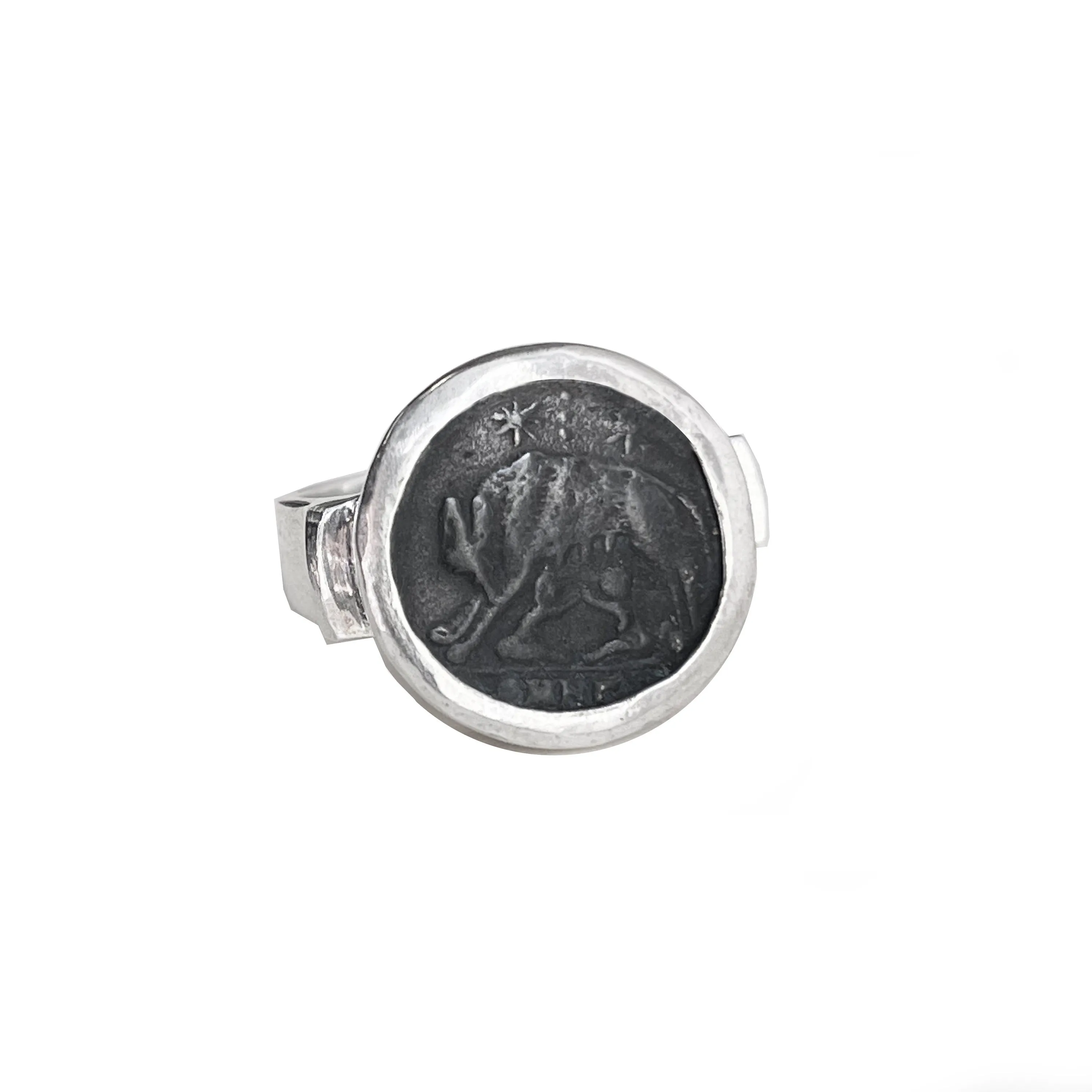 Authentic Ancient Roman Coin 4th cent. AD Silver Ring depicting She wolf with Romulus and Remus