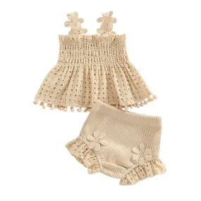 Beige Ruffle Flower Cami Top and Bloomers Bundle for Baby Girls