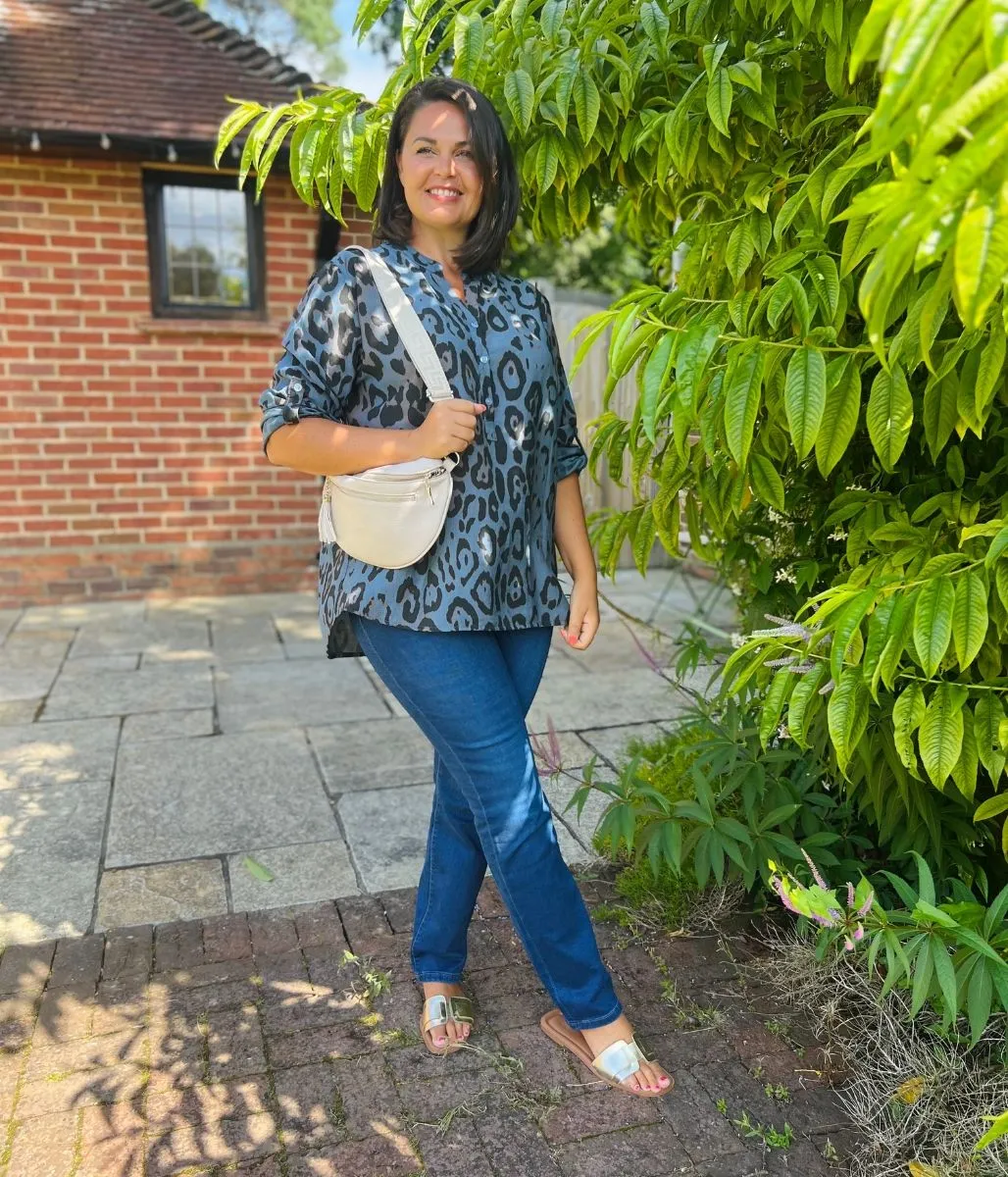 Blue Notch Neck Leopard Print Blouse