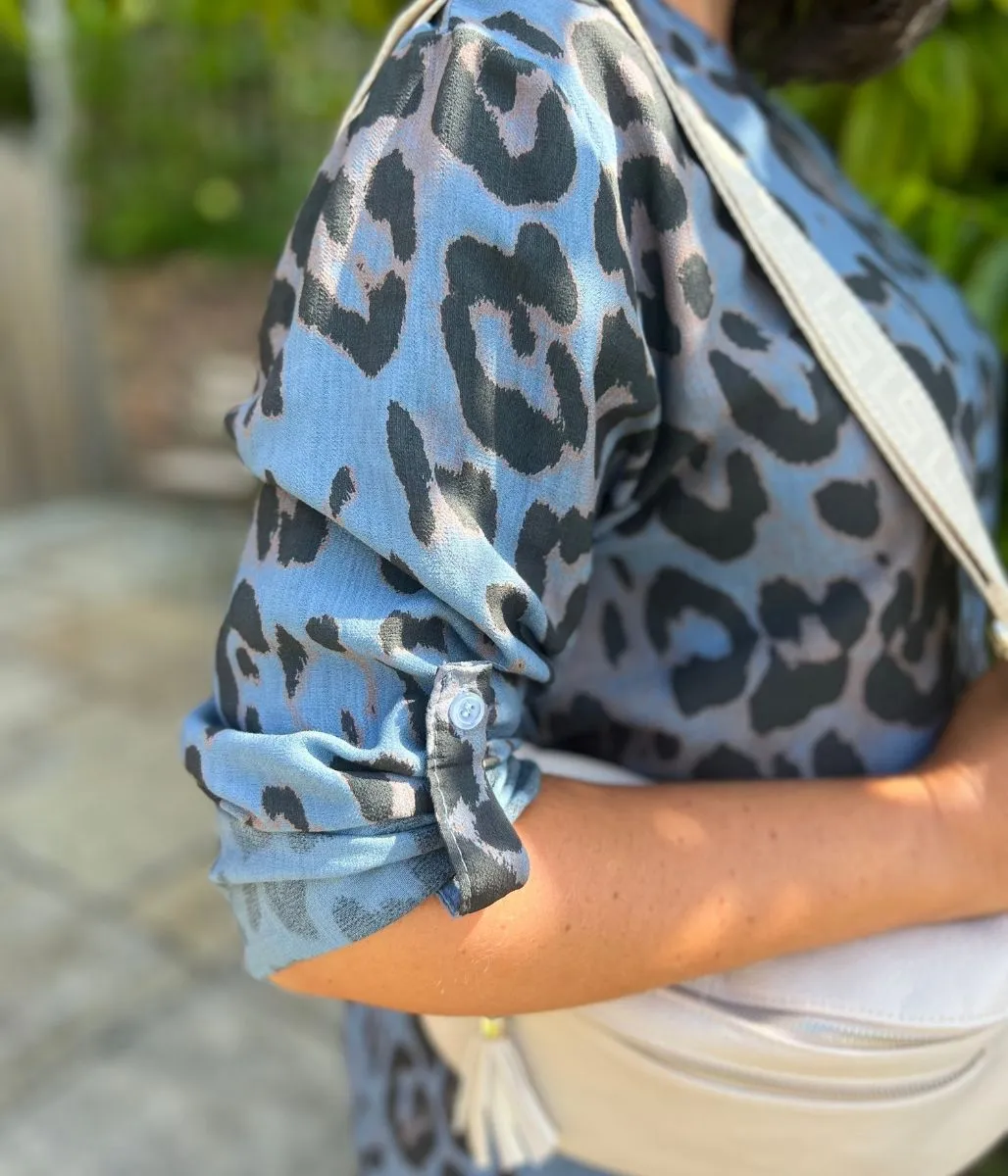 Blue Notch Neck Leopard Print Blouse