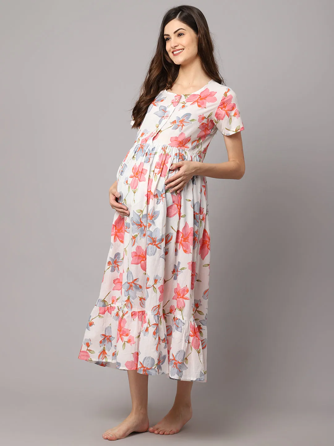 Cotton Floral Printed Maternity Dress With Feeding Zipper