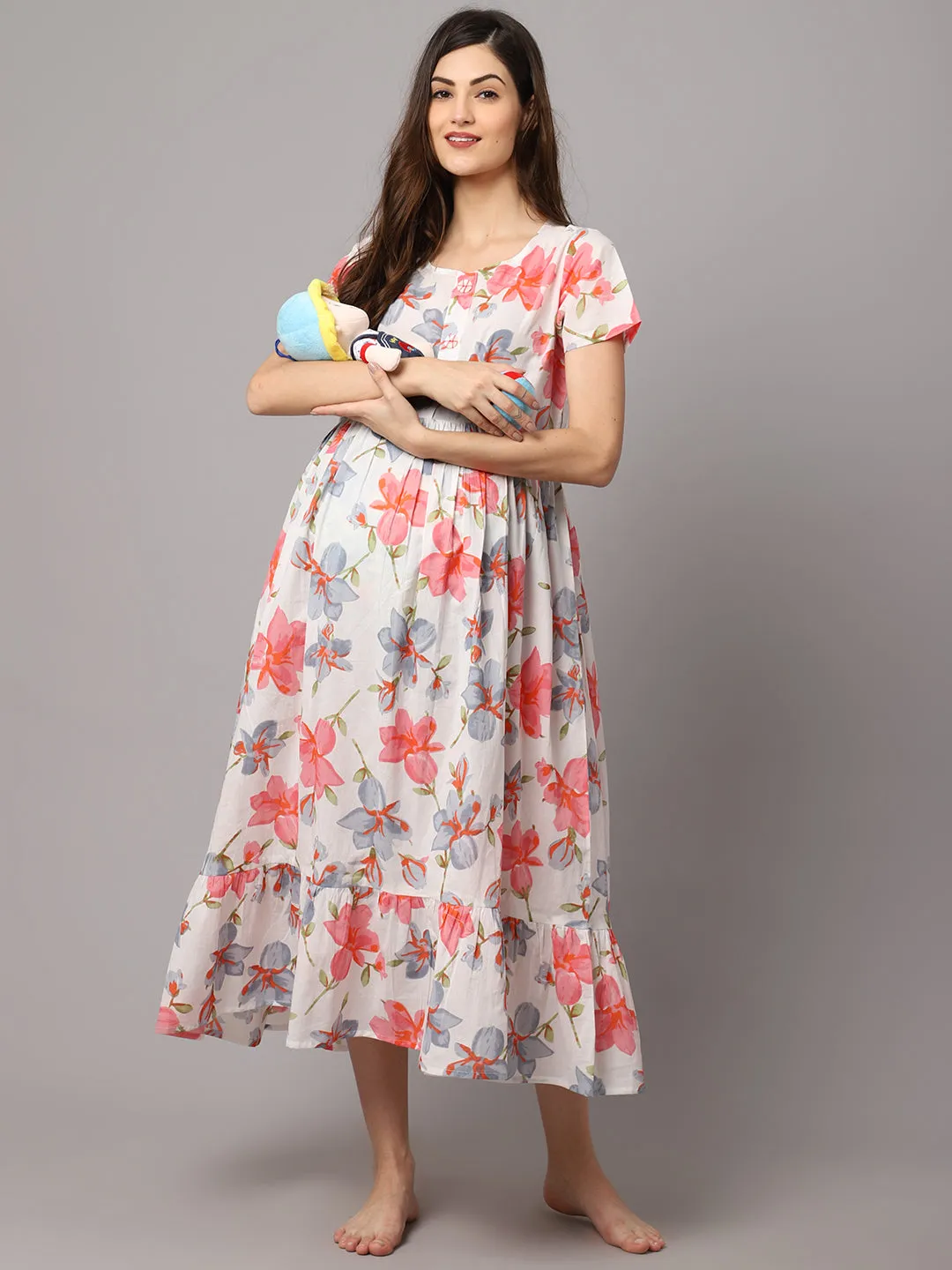 Cotton Floral Printed Maternity Dress With Feeding Zipper