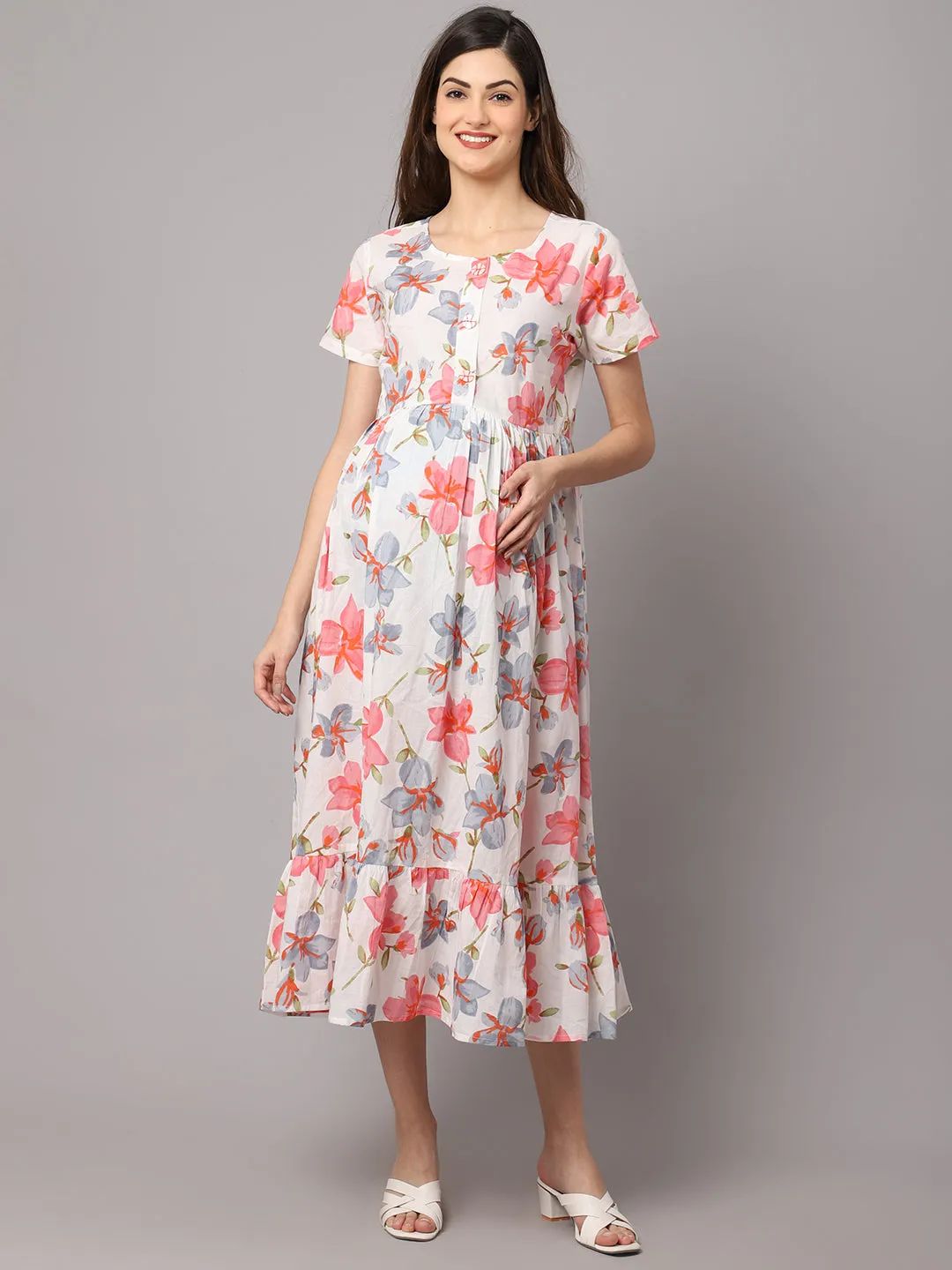 Cotton Floral Printed Maternity Dress With Feeding Zipper