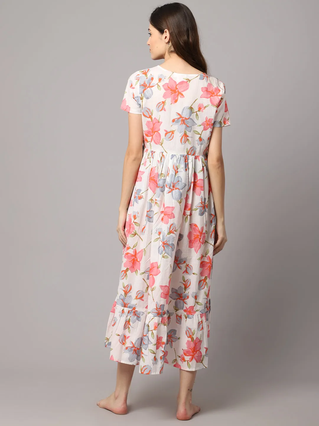 Cotton Floral Printed Maternity Dress With Feeding Zipper