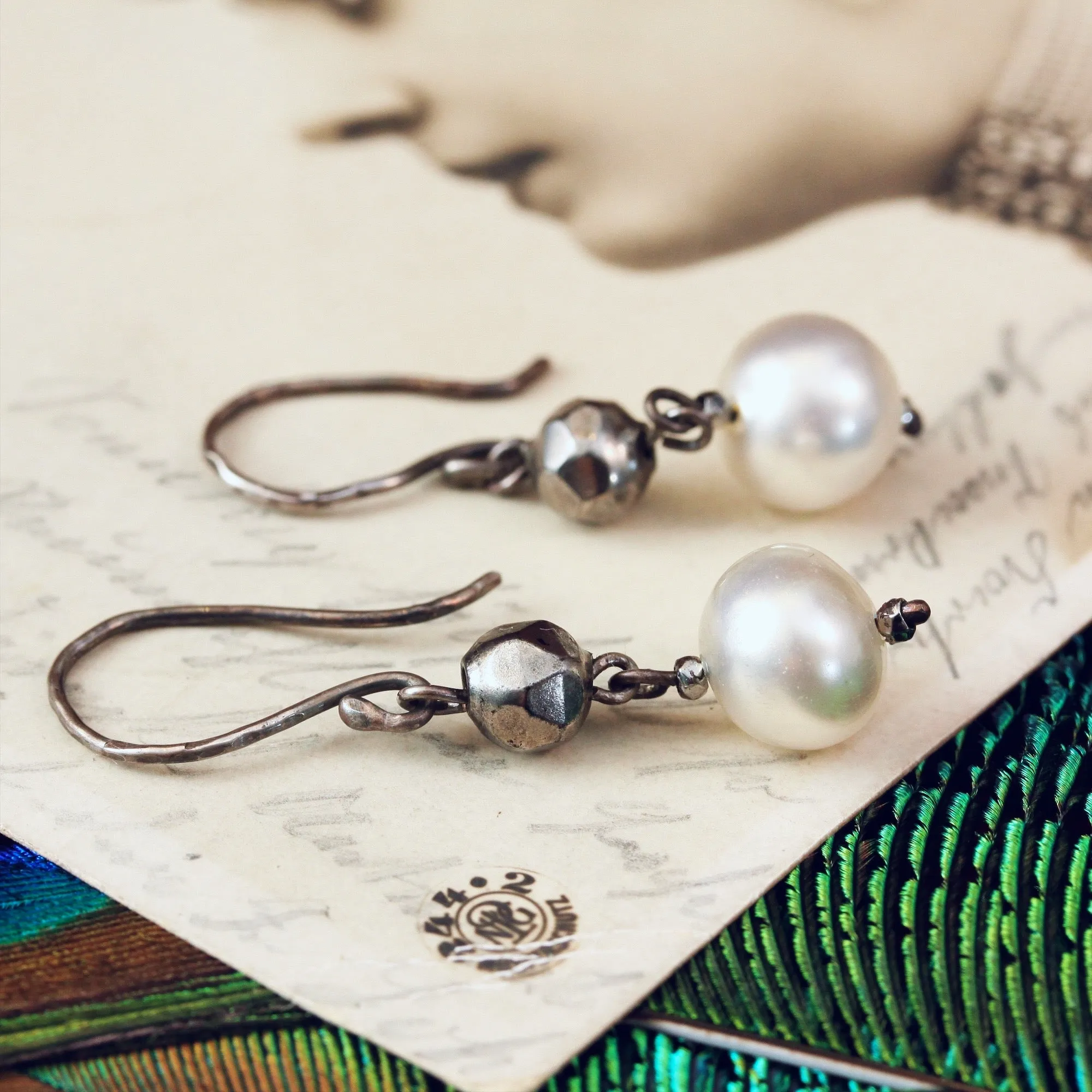 Cut Steel and Hand Blown Glass Pearl Earrings