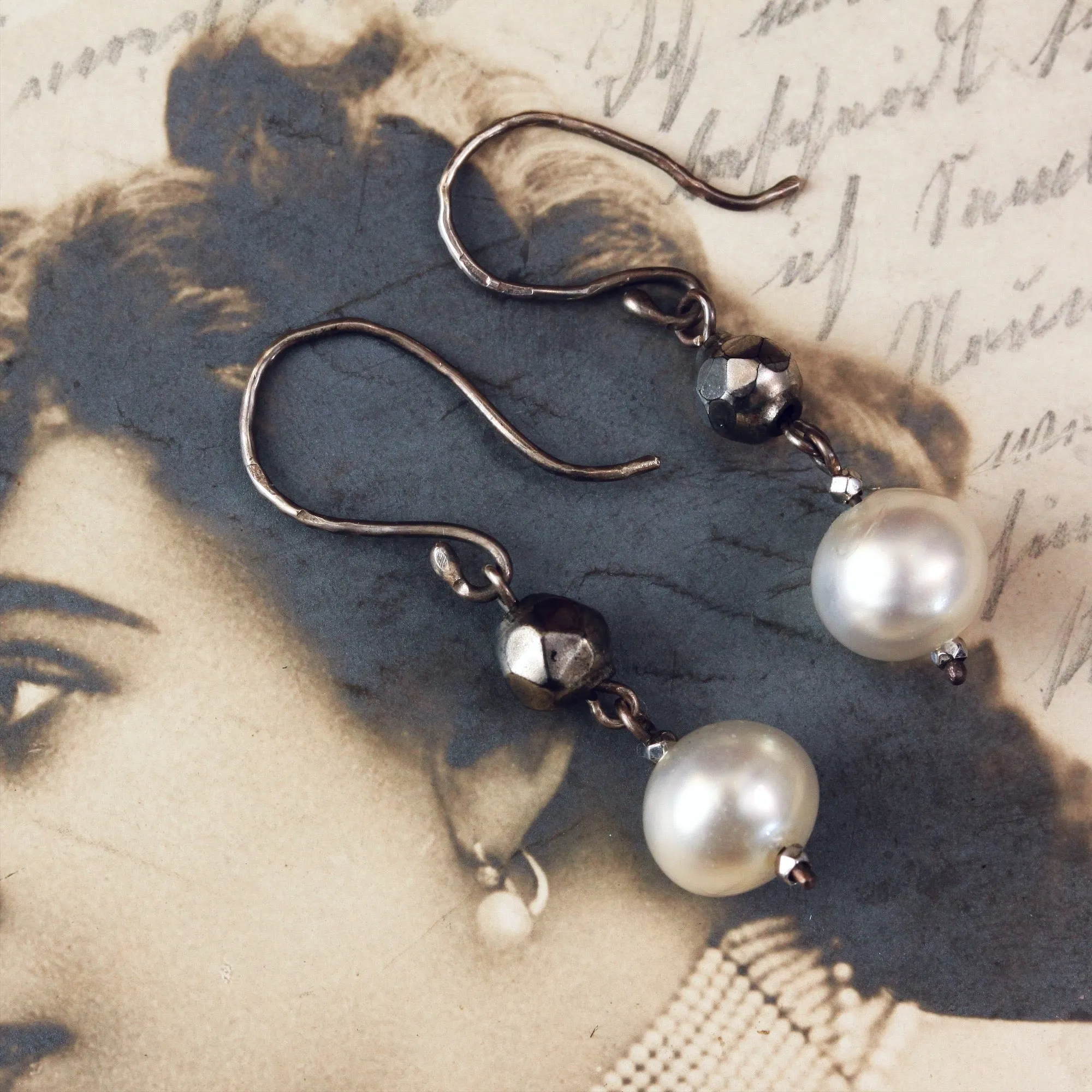 Cut Steel and Hand Blown Glass Pearl Earrings