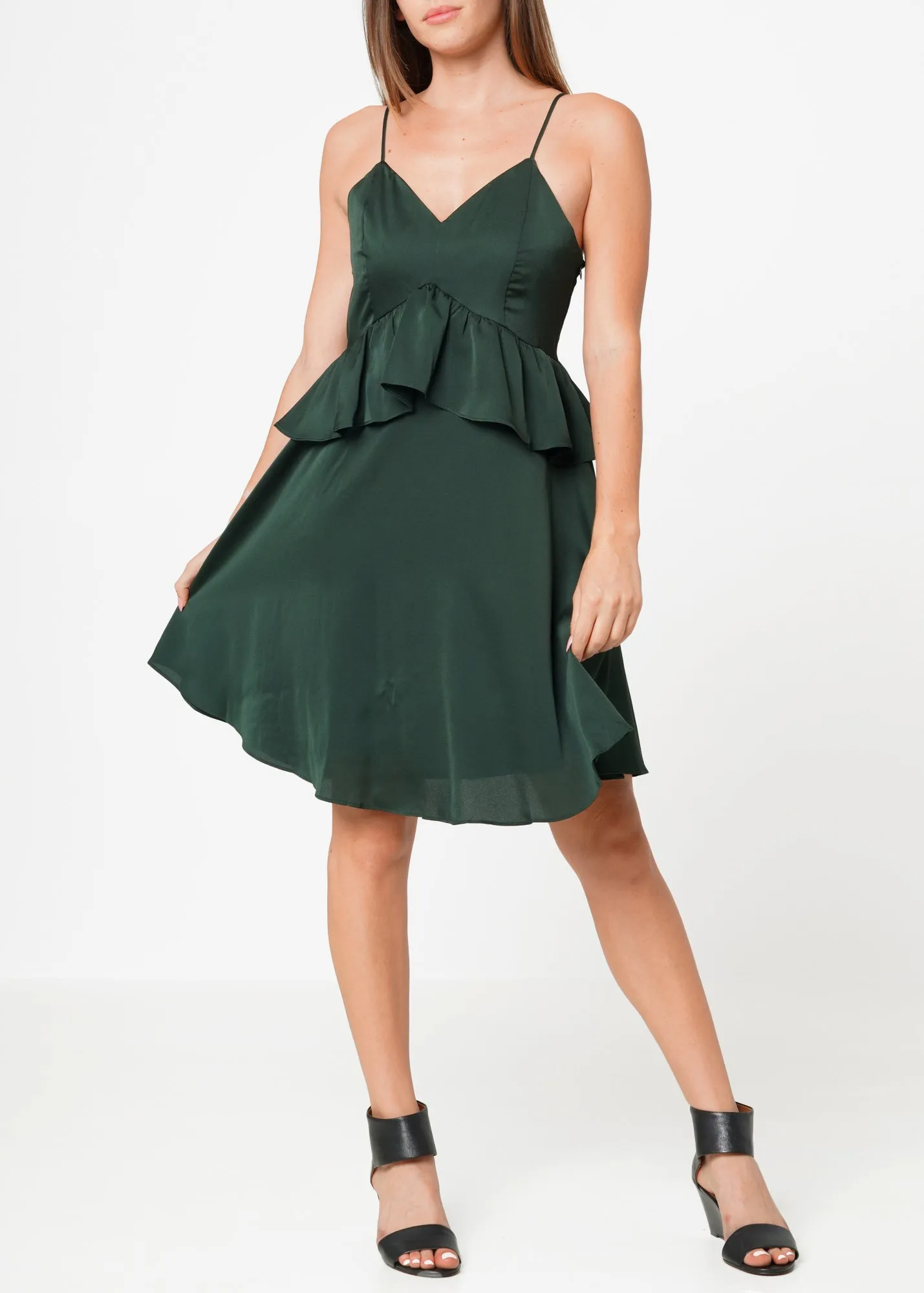 Deep V-neck Ruffle Baby Doll Dress In Hunter Green