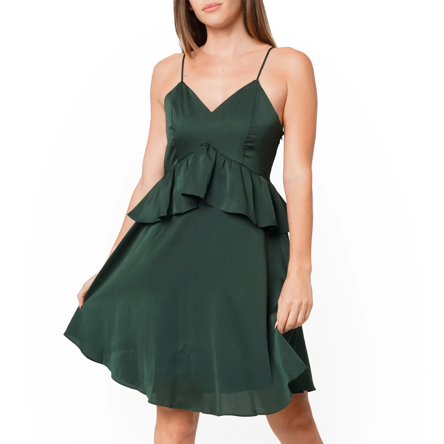 Deep V-neck Ruffle Baby Doll Dress In Hunter Green