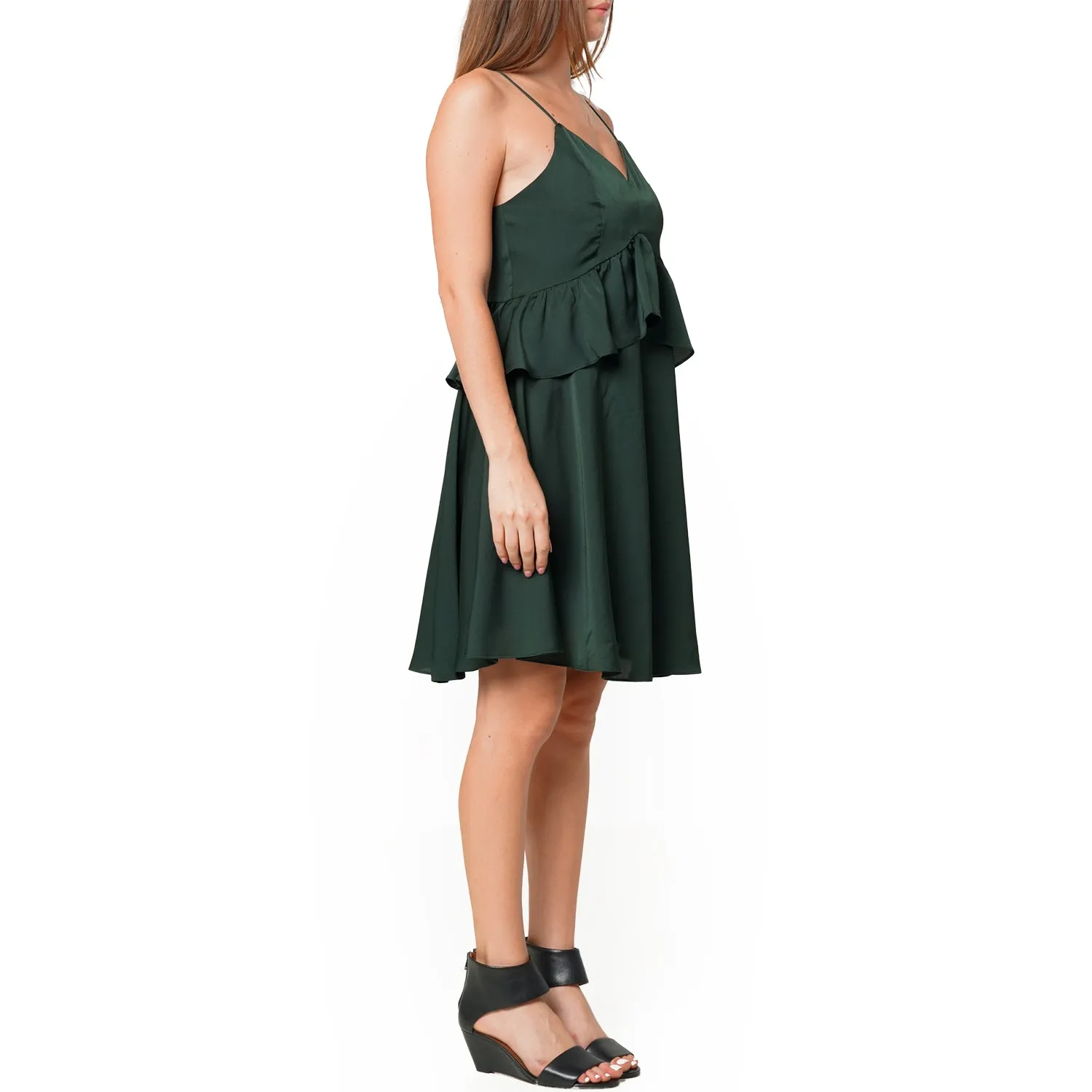 Deep V-neck Ruffle Baby Doll Dress In Hunter Green