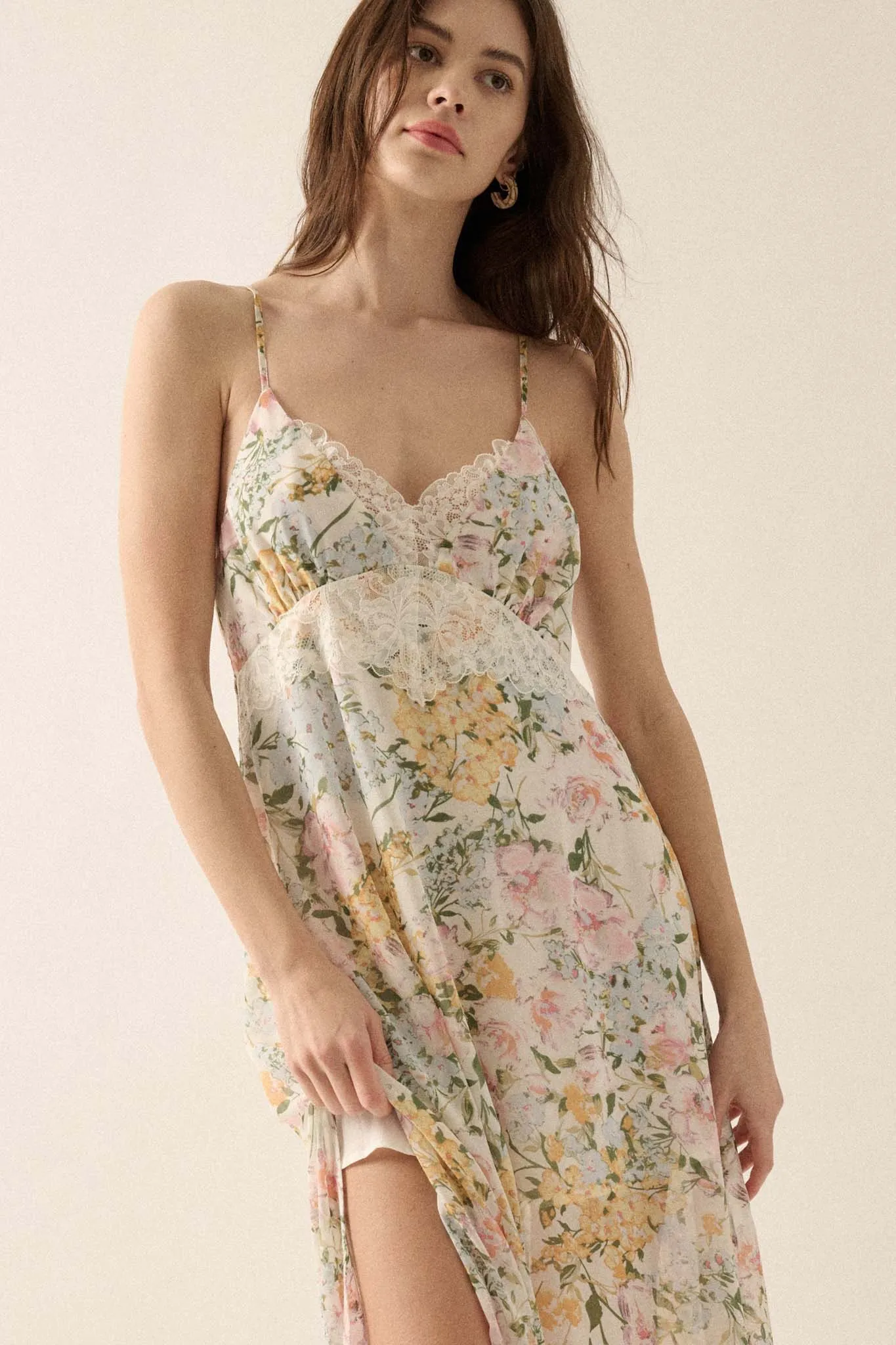 Dew Kissed Lace-Trimmed Floral Chiffon Slip Dress