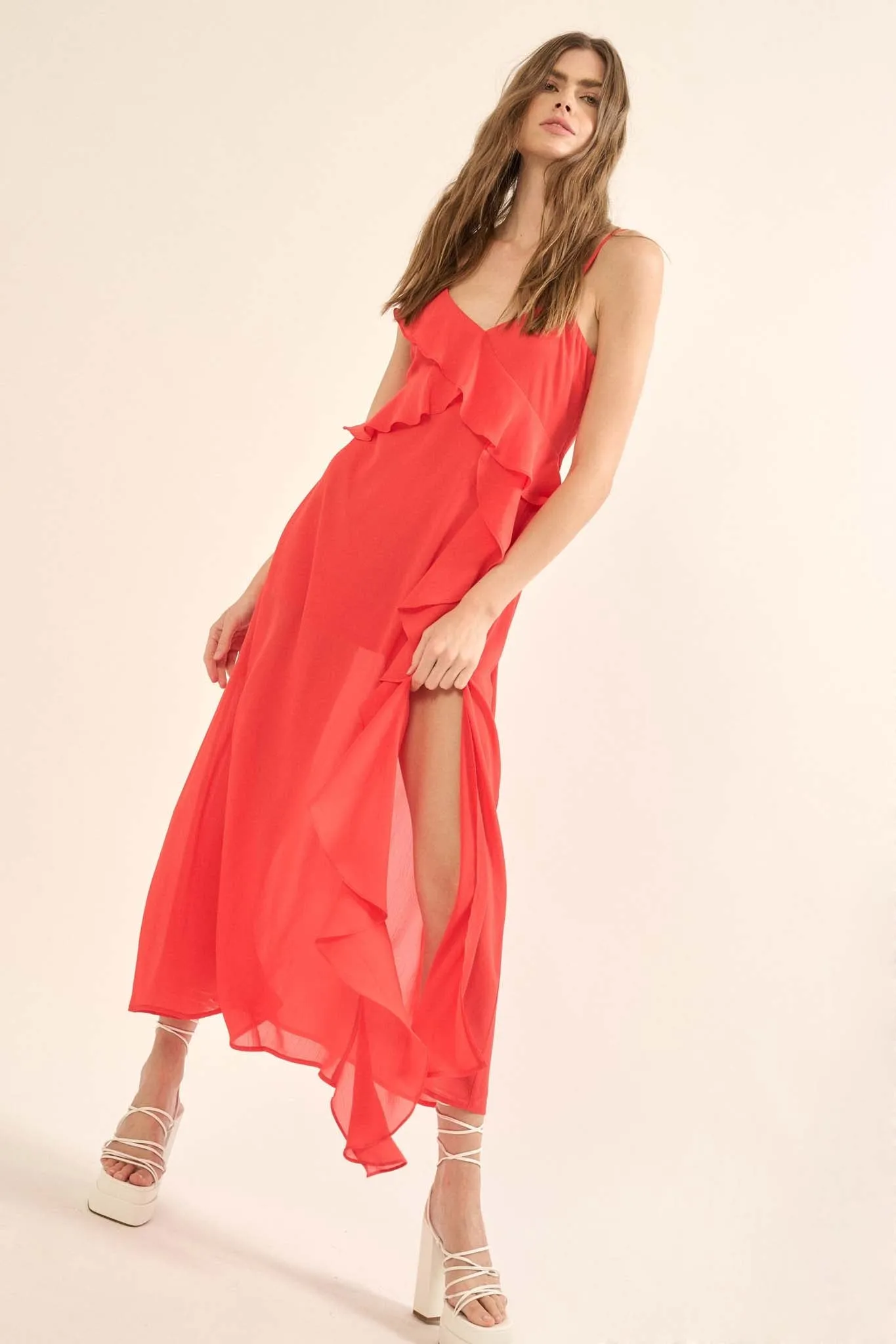 Flamenco Fever Ruffled Chiffon Maxi Slip Dress