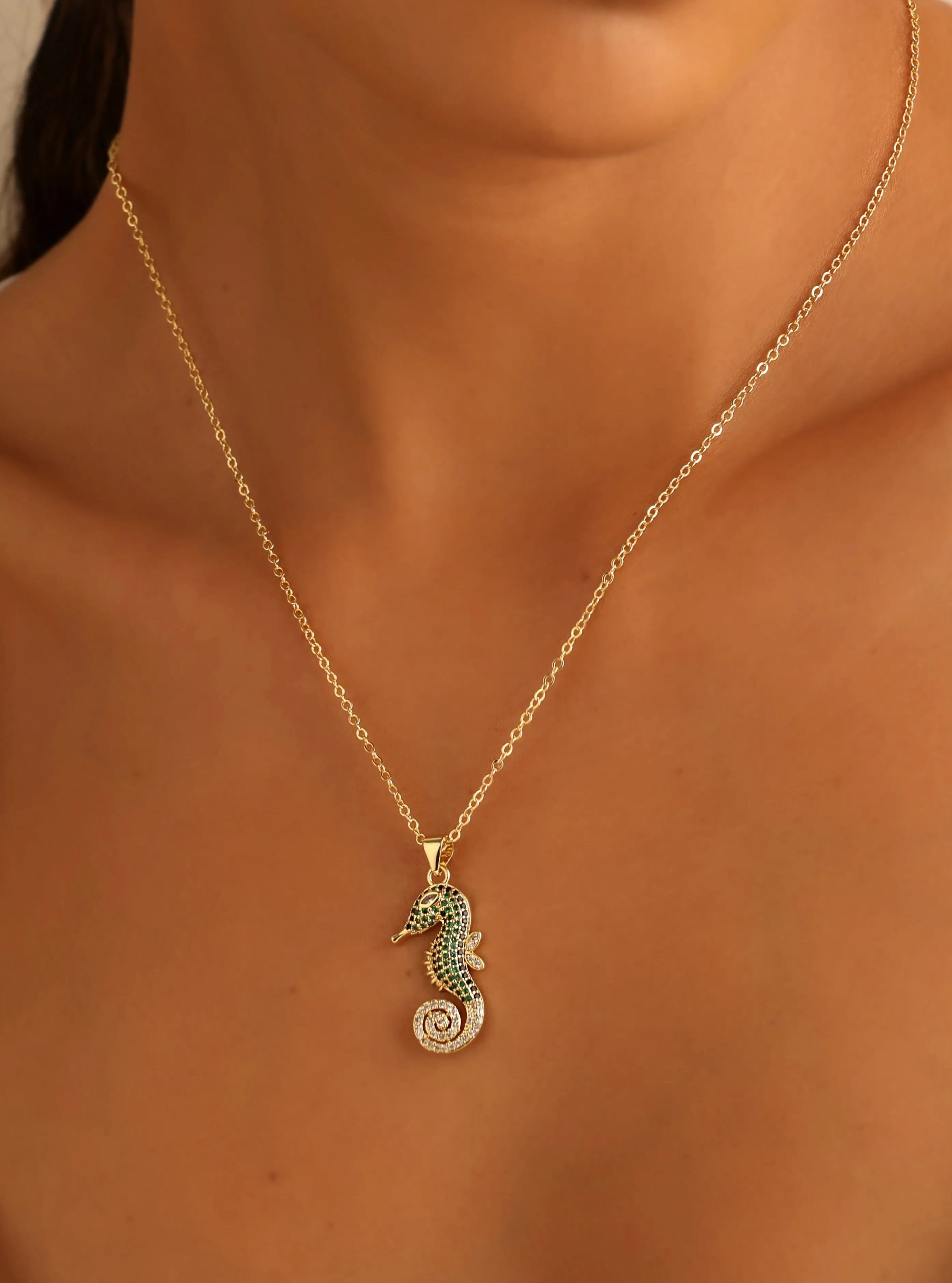 Green Sea Horse Charm Necklace