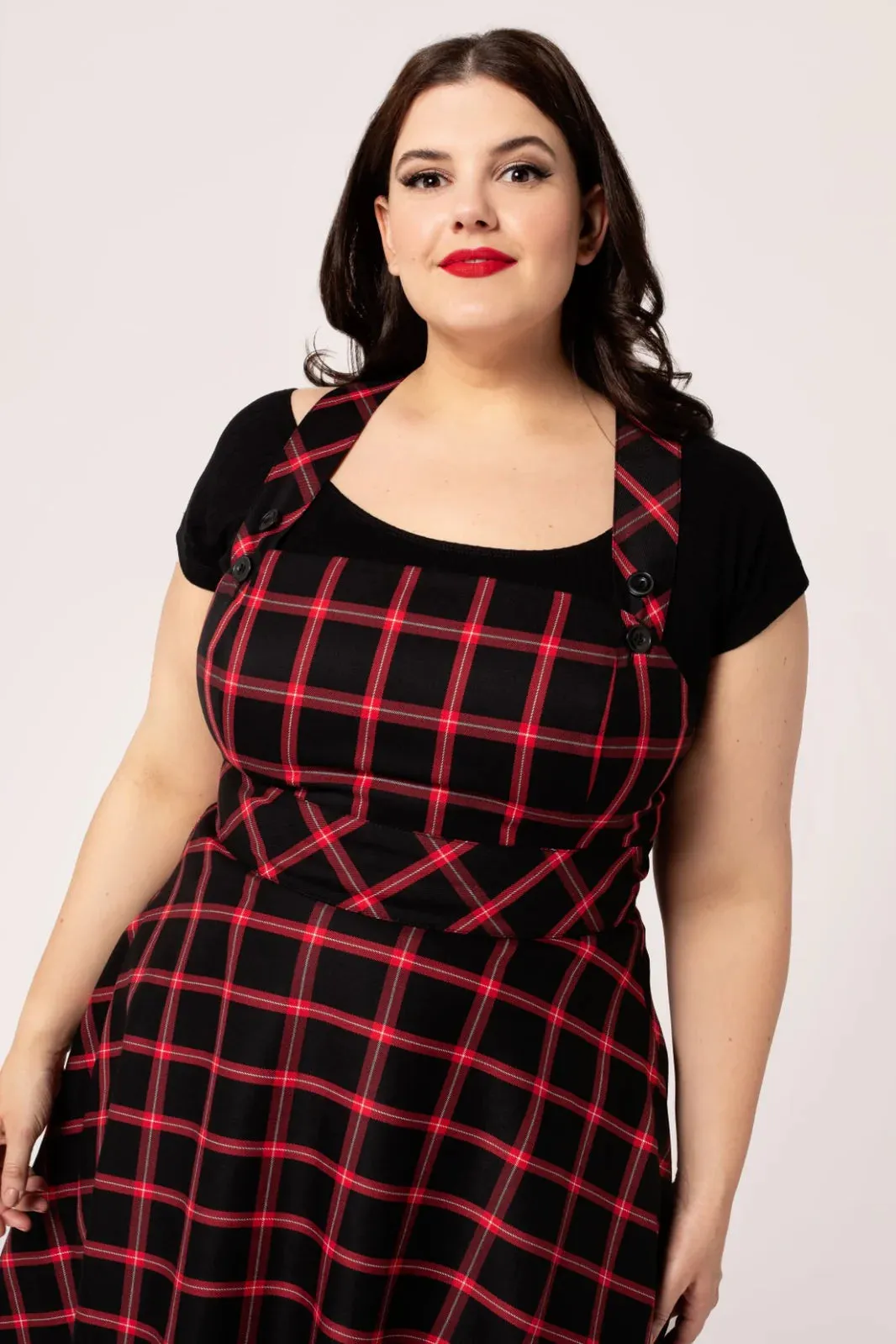 Hell Bunny Janine Pinafore Dress in Black and Red Tartan