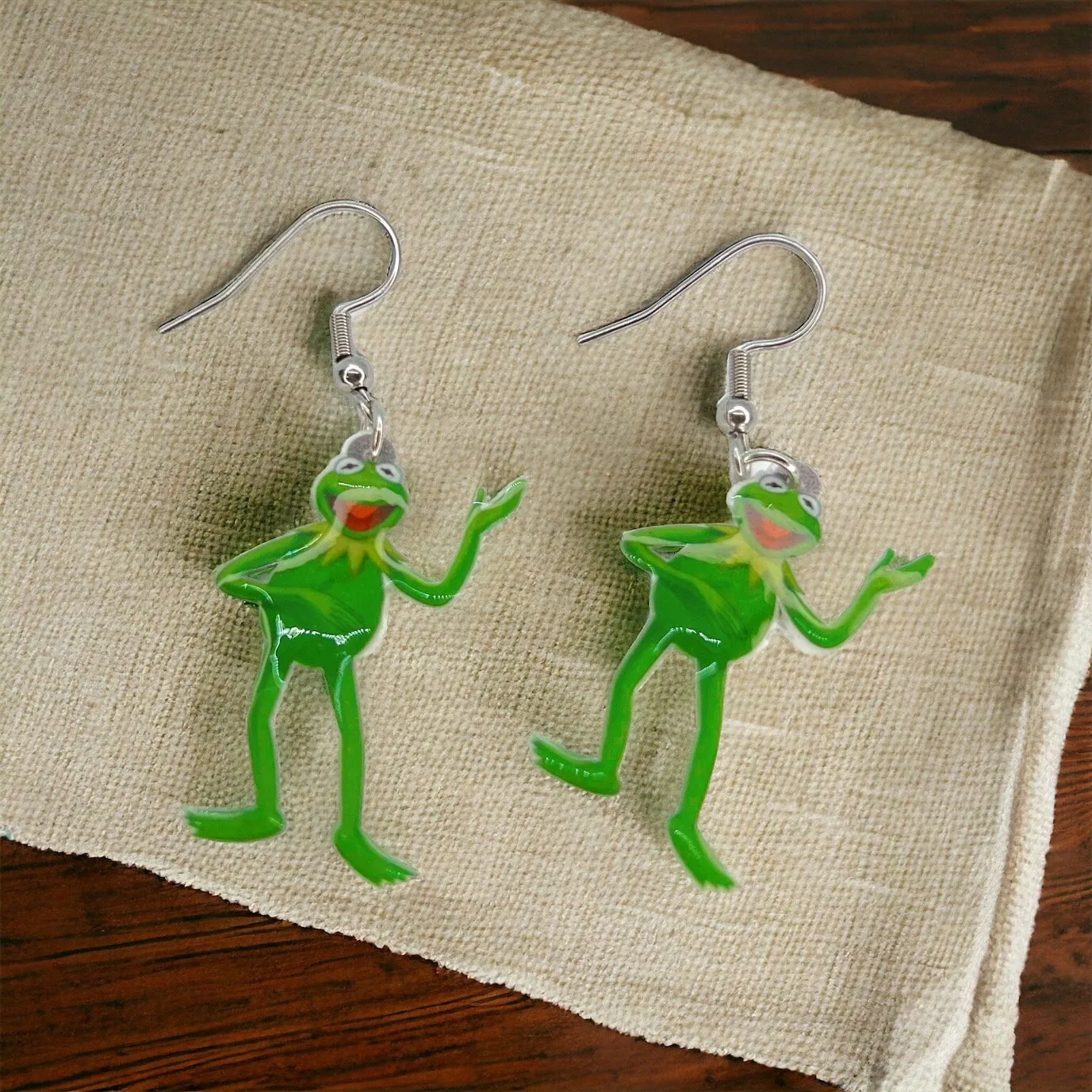 Kermit Earrings - Frog Earrings, Frog Prince, Frog Jewelry, Frog Accessories, Tadpole, Over the Rainbow, Amphibian, Toad Earrings