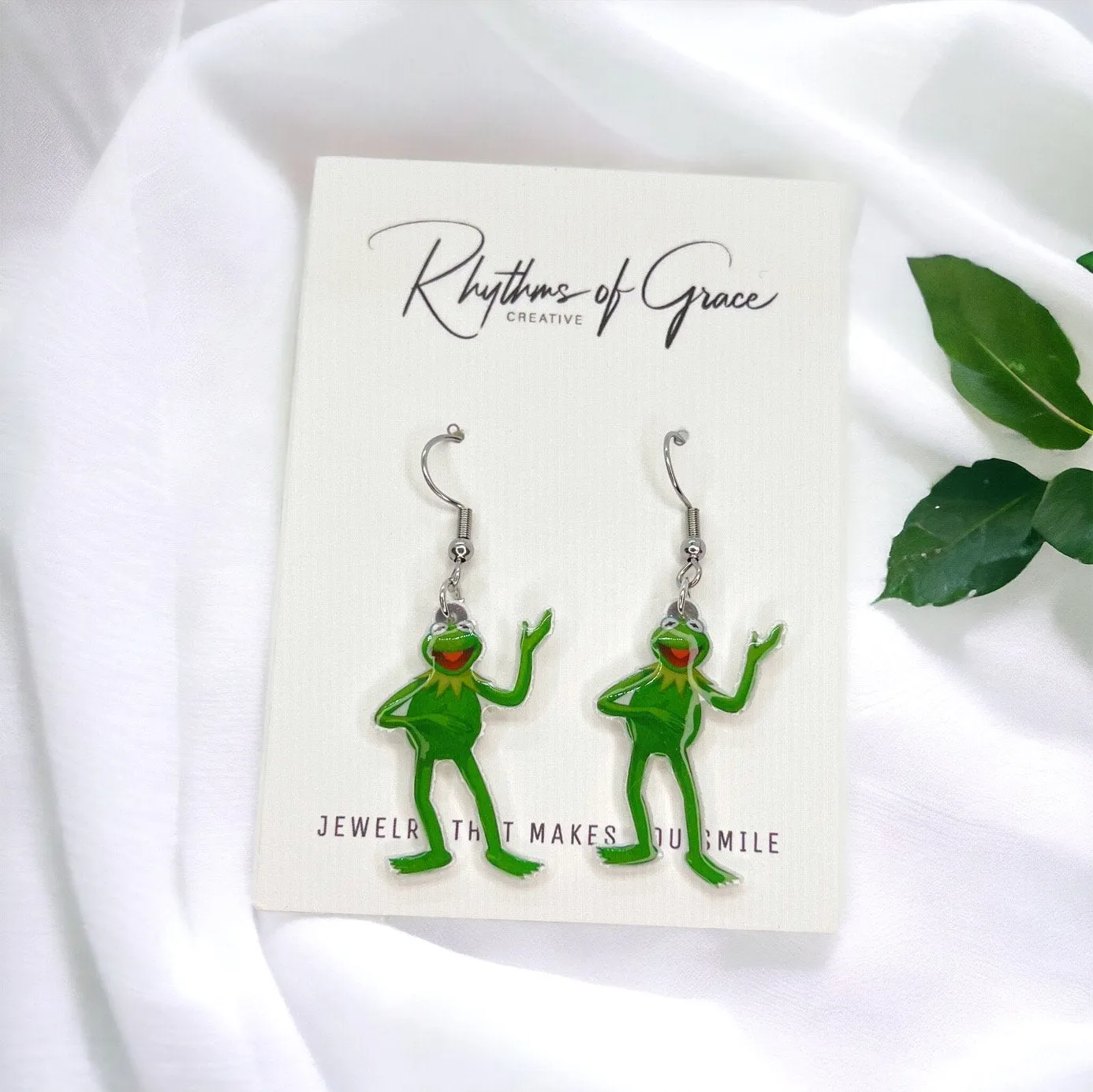 Kermit Earrings - Frog Earrings, Frog Prince, Frog Jewelry, Frog Accessories, Tadpole, Over the Rainbow, Amphibian, Toad Earrings