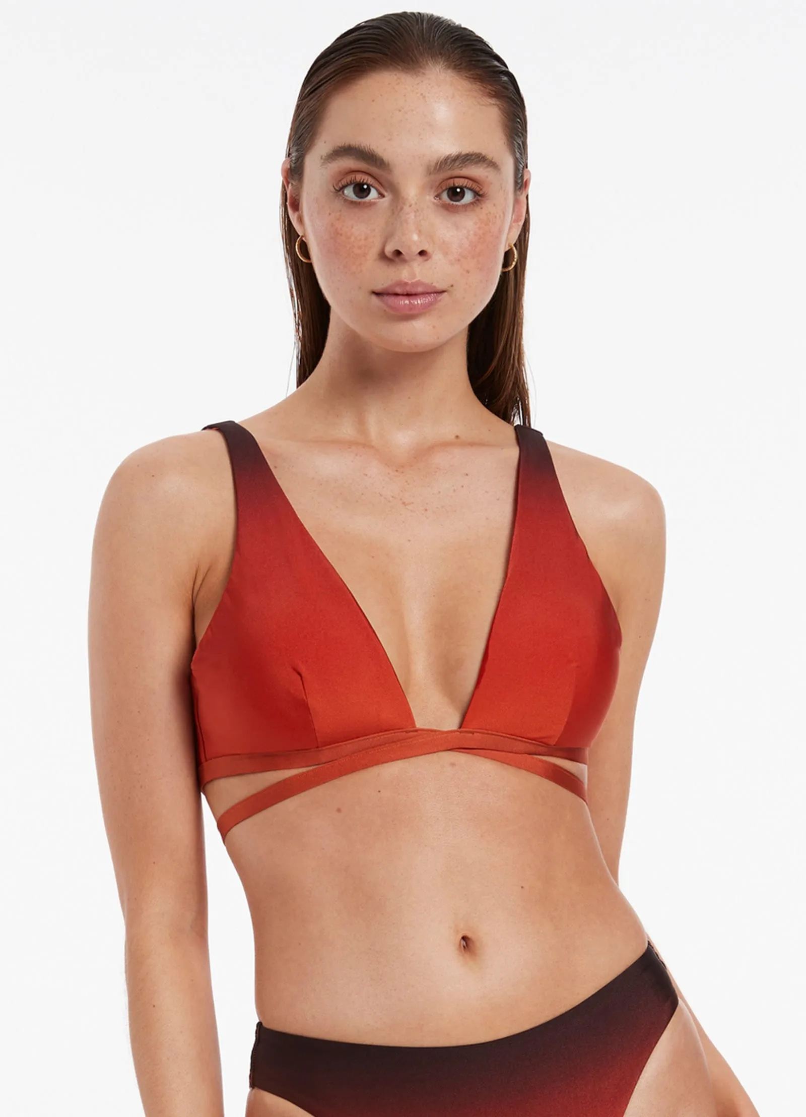 Oia Sunset Wrap Tie Plunge Top - Burnt Orange