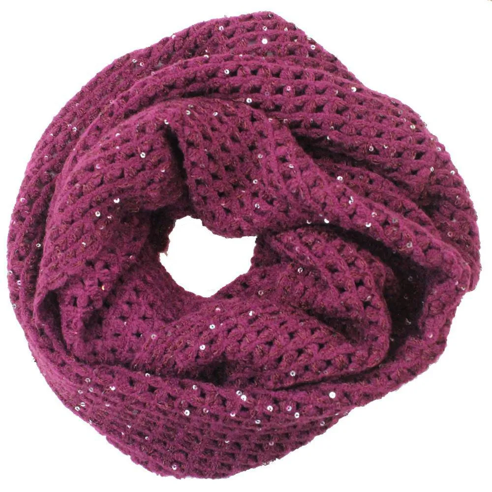 Open Crochet Infinity Muffler w/ Sequins-Ruby