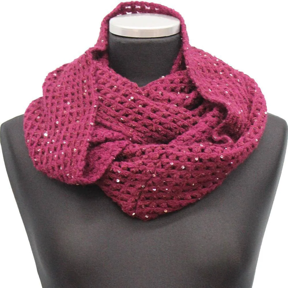 Open Crochet Infinity Muffler w/ Sequins-Ruby