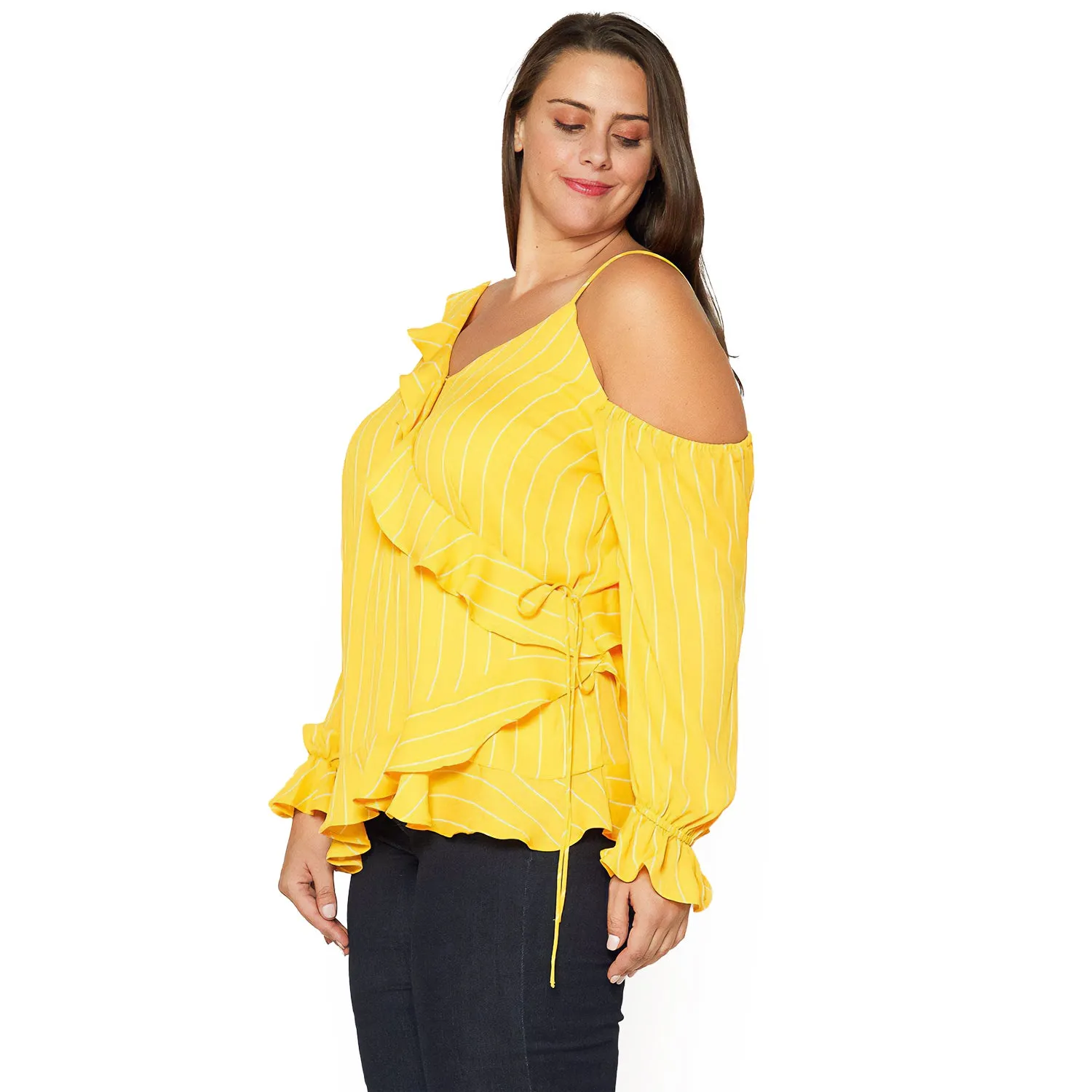 Plus Size Asymmetrical Shoulder Ruffle Blouse