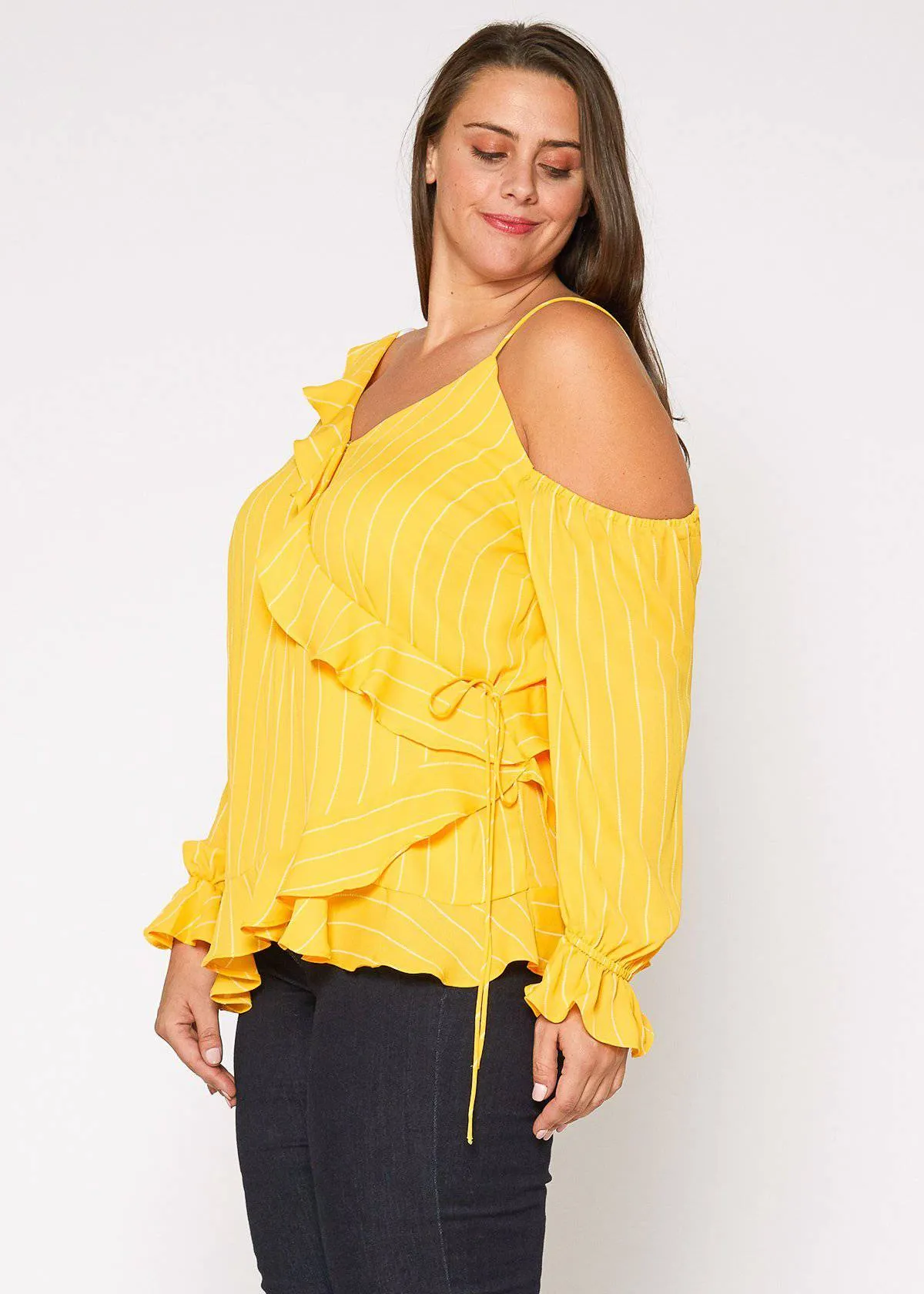 Plus Size Asymmetrical Shoulder Ruffle Blouse