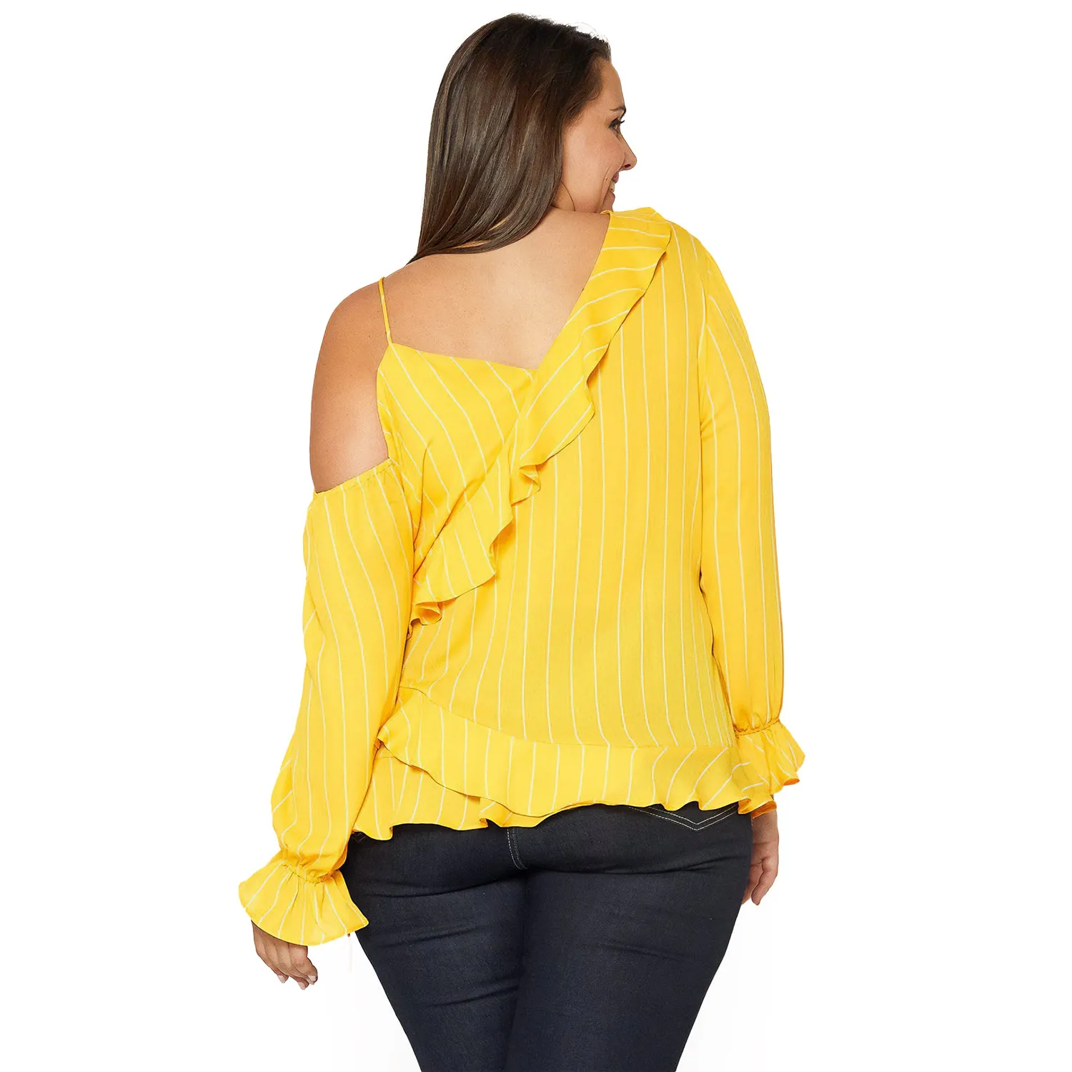 Plus Size Asymmetrical Shoulder Ruffle Blouse