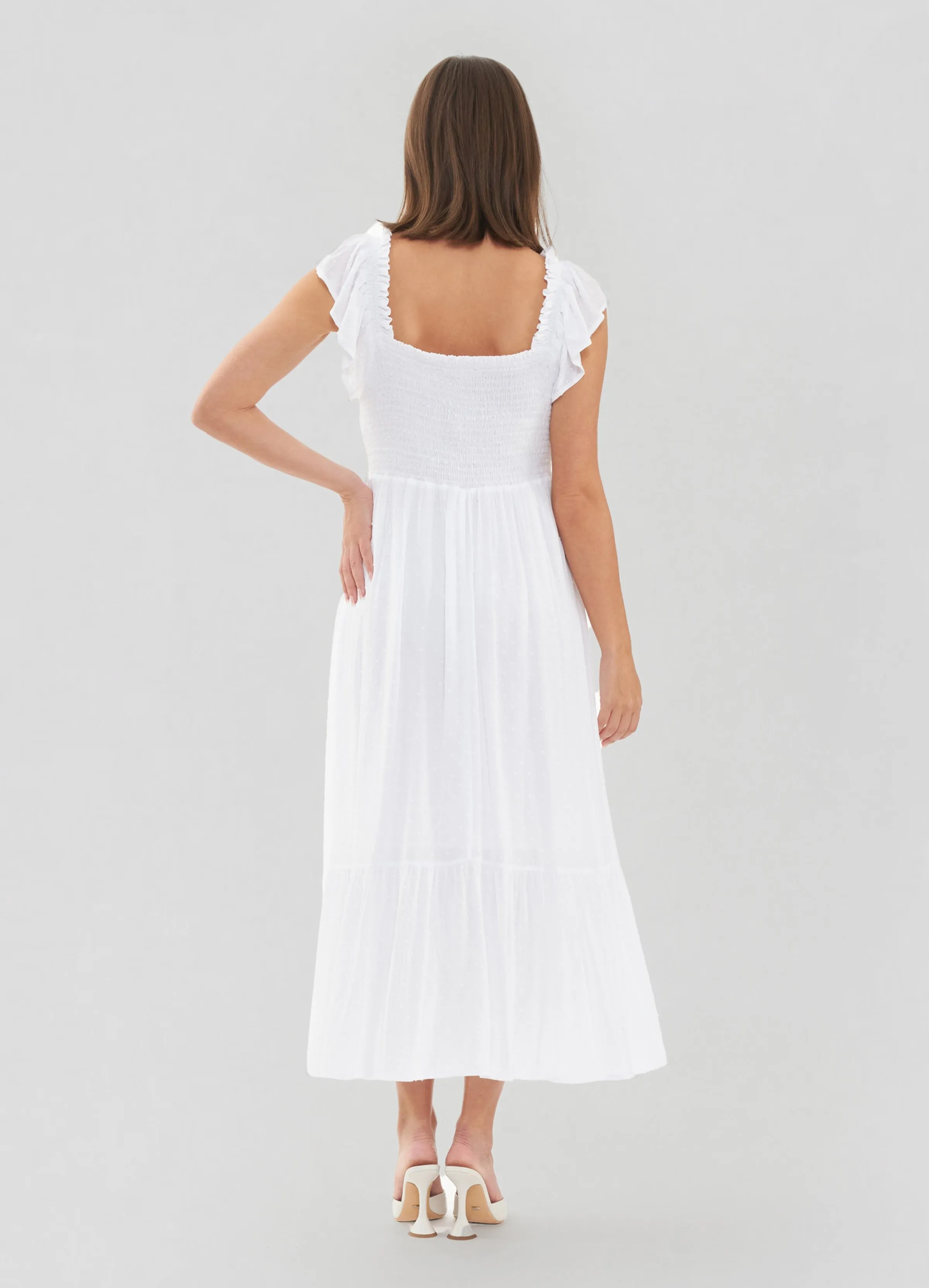 Ripe Maternity White Tiered Eyelet Maternity Midi Dress