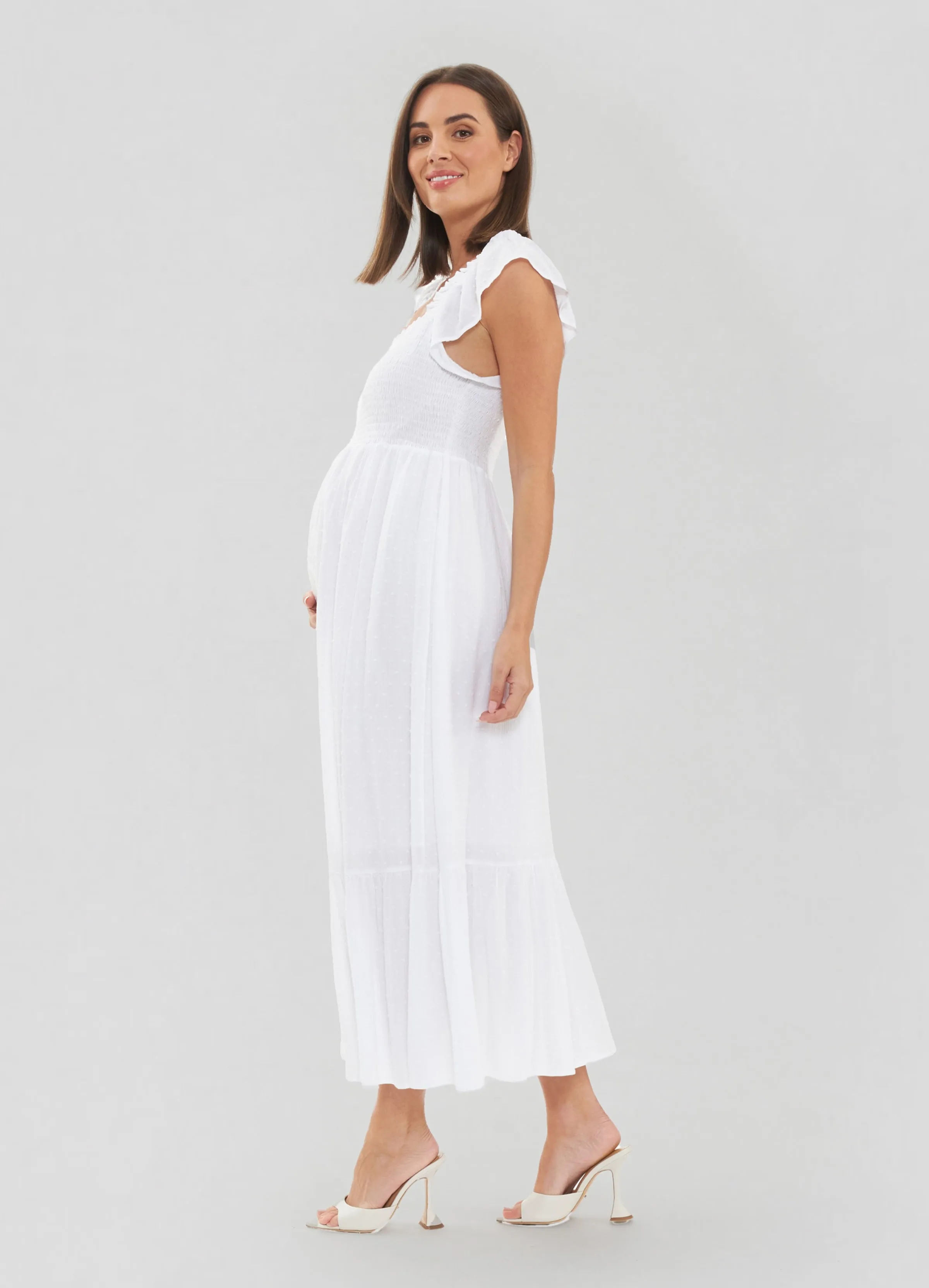 Ripe Maternity White Tiered Eyelet Maternity Midi Dress