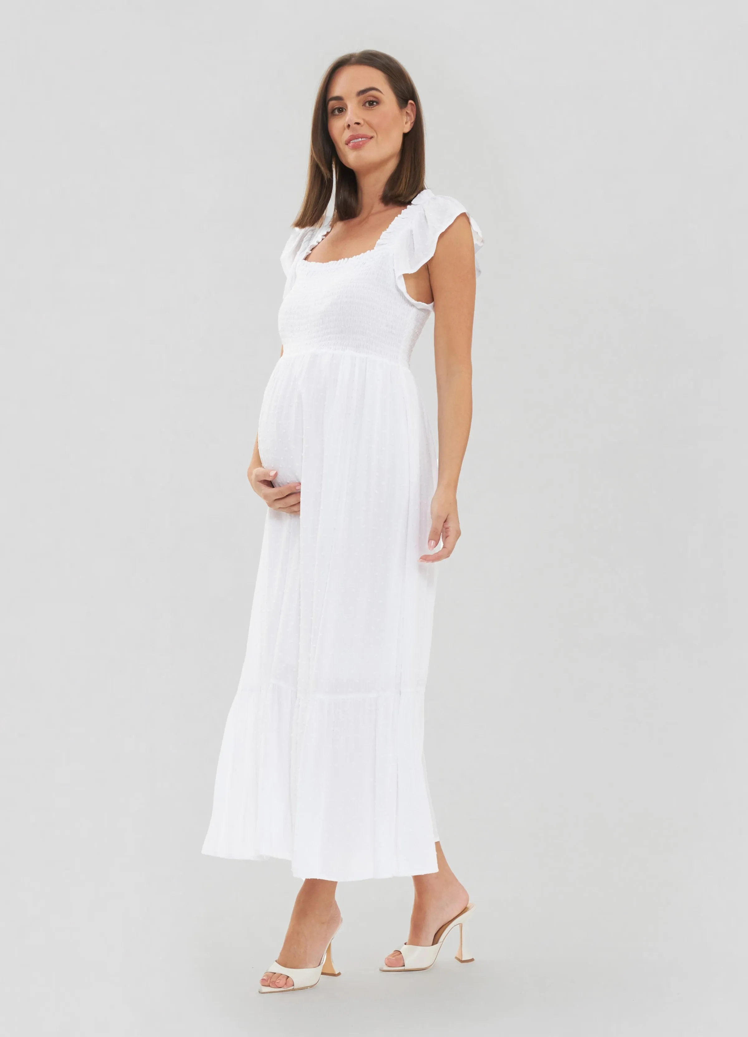 Ripe Maternity White Tiered Eyelet Maternity Midi Dress