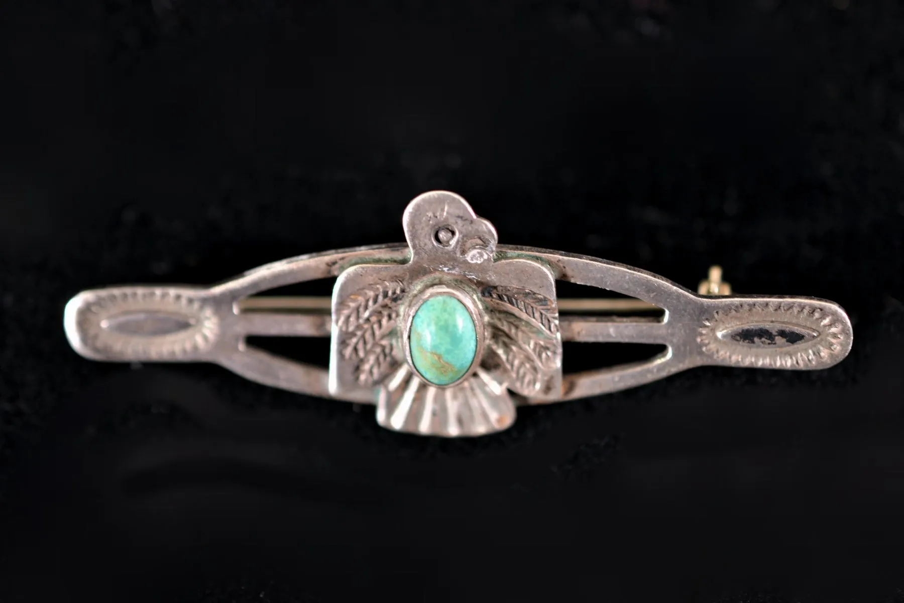 SOLD Vintage Fred Harvey Era Thunderbird Brooch, Silver Turquoise Small Pin 4.9 Grams