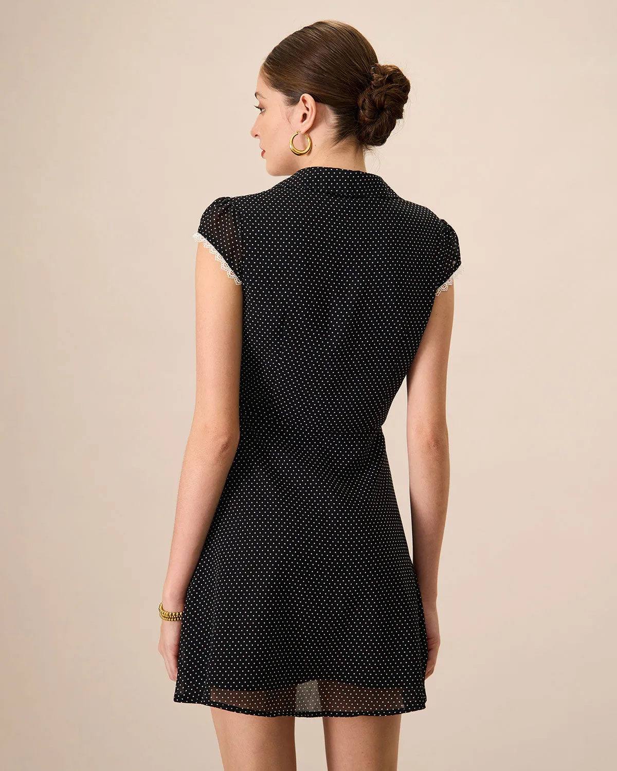 Women's Black Collared Polka Dot Mini Dress