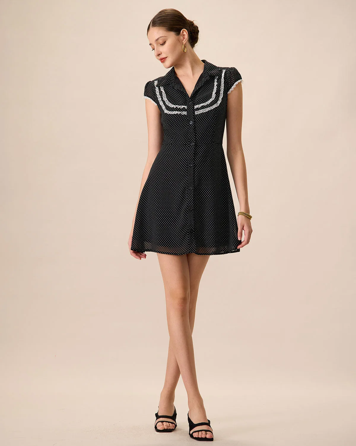 Women's Black Collared Polka Dot Mini Dress