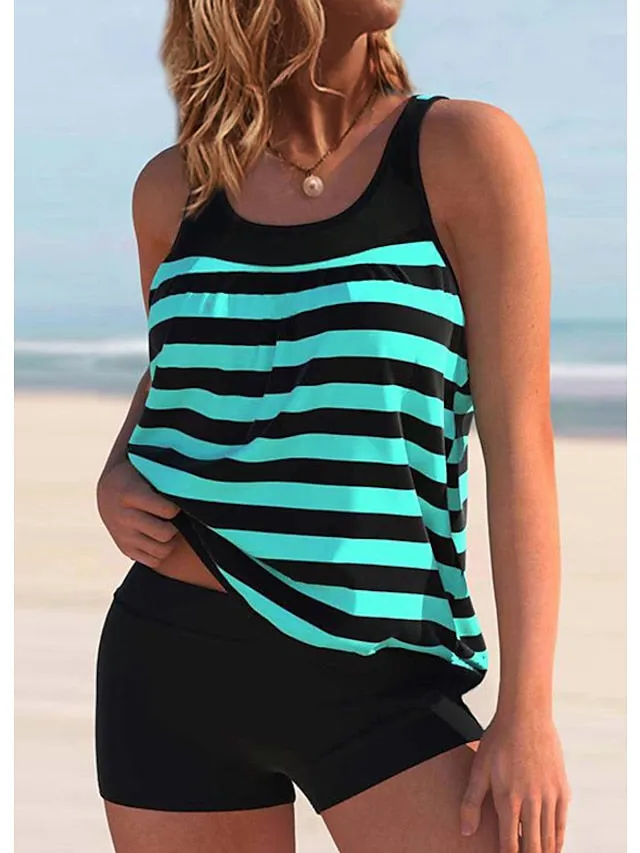 Women's Swimwear Tankini 2 Piece Normal Swimsuit 2 Piece Printing Striped White Green Tank Top High Neck Bathing Suits Sports Beach Wear Summer